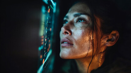 Intense woman observes a vibrant digital interface, her face illuminated by the data's glow.