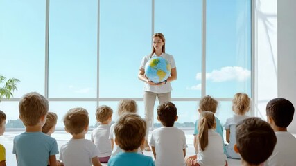 Elementary school students sitting on the floor, attentively listening to their teacher as she holds a globe in a bright classroom with large windows and a clear blue sky - Powered by Adobe