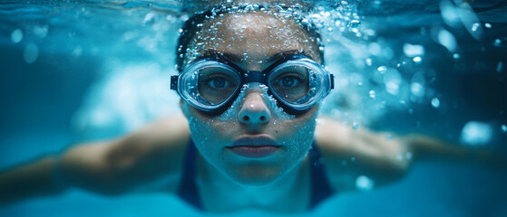 Fototapeta premium Athlete in pool with goggles surrounded by water and bubbles. Suitable for articles about sports, healthy lifestyle and training.
