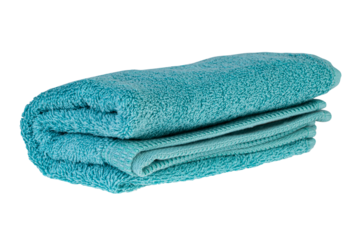 Soft turquoise bath towel rolled neatly, fluffy cotton texture