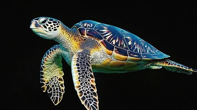 Colorful sea turtle swimming gracefully through dark ocean waters, showcasing vibrant patterns