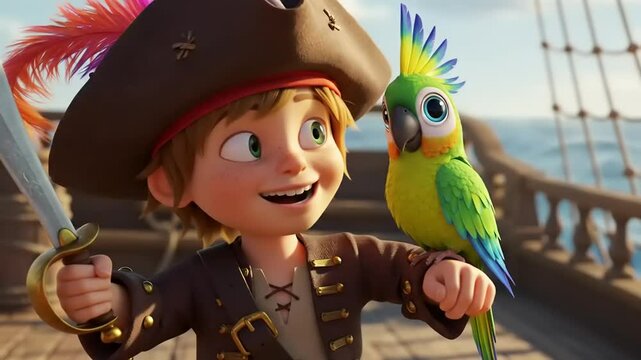 Young Pirate with Parrot, and Ship Deck.