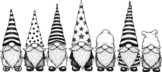 Seven gnomes standing in a row with different patterned hats black and white