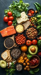 Collage of a variety of fresh produce including vegetables, fruits, nuts and seafood on a dark background. Useful for articles about healthy eating and cooking.
