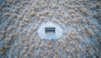Aerial view of a bench surrounded by snow in a field of tall grass during the winter season