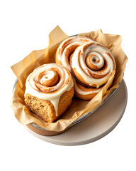 Two Sweet Cinnamon Rolls with Cream Cheese Frosting on a White Background