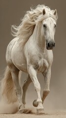 Majestic white horse galloping on sandy ground with flowing mane under soft light