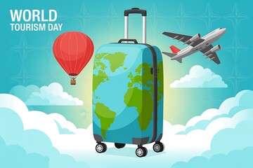 World tourism day celebrated with a globe suitcase hot air balloon and airplane
