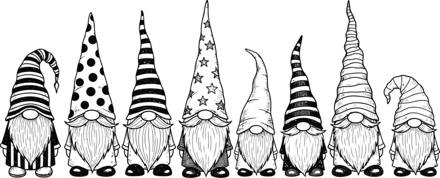 A row of seven gnomes with different hats and beards in black and white