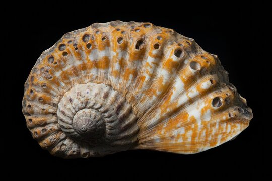 Seashell, Spiral, Marine Life, Holes, Texture, Orange, White, Mollusk, Ocean, Nature, Black Background, Wildlife, Close-up, Photography