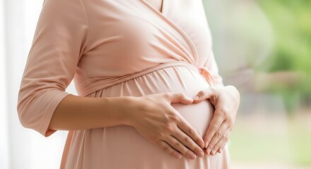 Pregnant woman cradling her baby bump in a light peach-colored robe, showcasing tender care and anticipation.