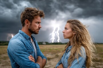 Dramatic confrontation between two individuals during a thunderstorm in an open field