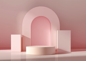 Abstract minimal pink background with podium and central arch, featuring geometric shapes for product display. 3D rendering mockup template for cosmetics with soft shadows and gentle lighting