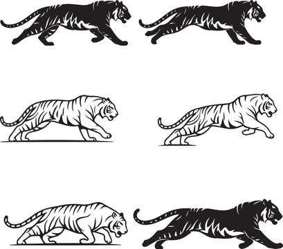 running tiger silhouette vector, black and white tiger in motion, minimalistic tiger running illustration, tiger sprint side view silhouette, wild tiger in action vector, fierce tiger run pose artwork