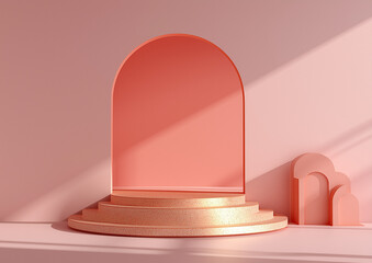 Abstract minimal pink background with podium and central arch, featuring geometric shapes for product display. 3D rendering mockup template for cosmetics with soft shadows and gentle lighting