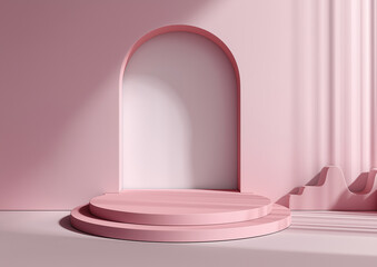 Abstract minimal pink background with podium and central arch, featuring geometric shapes for product display. 3D rendering mockup template for cosmetics with soft shadows and gentle lighting