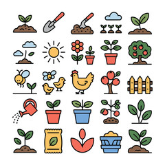 Colorful Gardening Icons Collection Featuring Plants Seeds Flowers Tools Chicken Bees Sun Watering Can Fertilizer Potted Plants and Wooden Fence