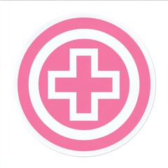Fototapeta premium Circular pink emblem with white border featuring a central white cross symbol outlined in thicker pink, simple clean design with soft contrast.