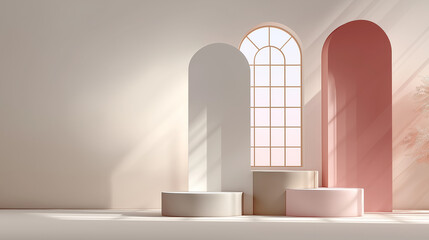 Abstract minimal pink background with podium and central arch, featuring geometric shapes for product display. 3D rendering mockup template for cosmetics with soft shadows and gentle lighting