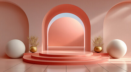 Abstract minimal pink background with podium and central arch, featuring geometric shapes for product display. 3D rendering mockup template for cosmetics with soft shadows and gentle lighting