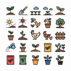 Colorful Gardening Icons Collection Featuring Seedlings Plants Flowers Chickens Watering Can Trowel Sun Potted Plants and Wooden Fence