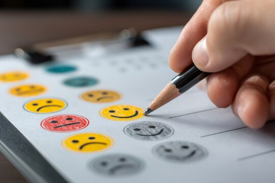 Customer choosing happy face on satisfaction survey, filling out questionnaire
