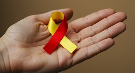 Yellow and Red Ribbon on Palm with Soft Lighting awarness of world hepatitis day