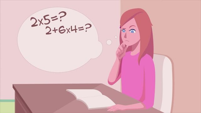 2D Animation of a Girl Struggling With Math Problem in Class Showing Confusion