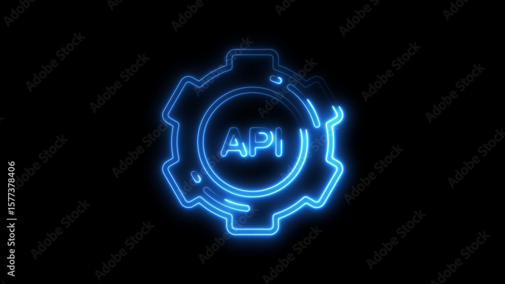 Poster blue neon glowing api symbol inside a gear representing software development and technology.