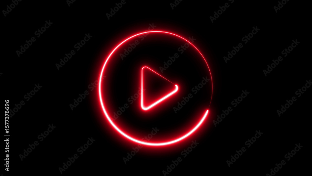 Poster red neon illuminated play button symbol against a stark black background for media concepts.