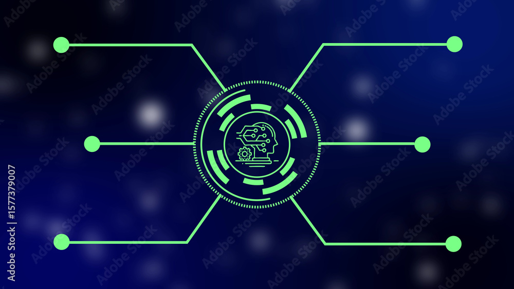 Poster futuristic artificial intelligence concept with glowing head and network connections on dark backgro