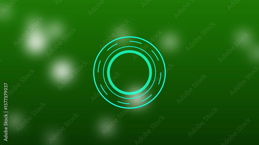 Poster abstract green digital interface with glowing circular element on blurred background.