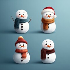 Snowmen in various winter outfits celebrate the holiday season with cheerful expressions and colorful accessories