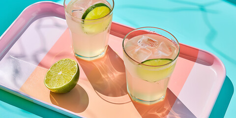 Refreshing Lime Drinks in Glasses with Whole Lime on Tray Against Blue Background

