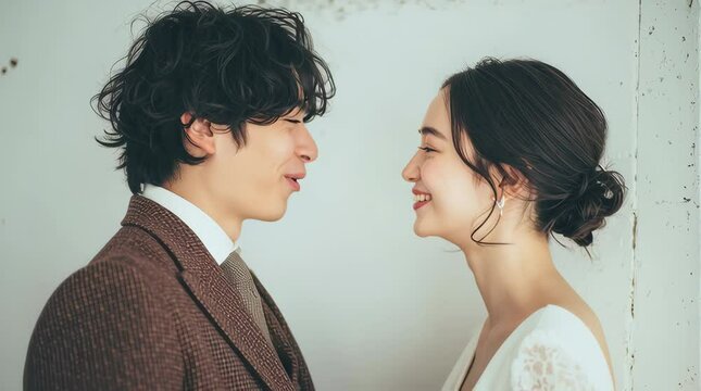 Happy wedding couple face to face / 向かい合って笑い合う幸せな新郎新婦