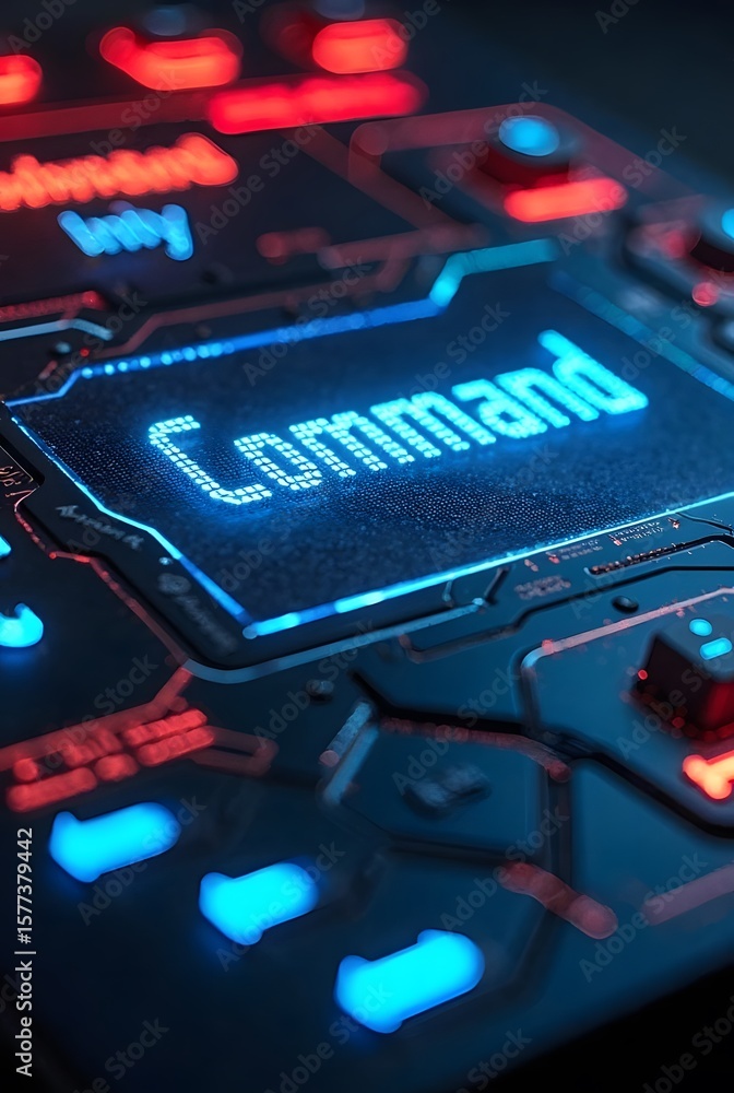 Fototapete a futuristic digital interface display with glowing blue text command on a dark, hightech circuit bo
