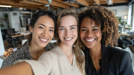 Three businesswomen taking a selfie in a modern office space