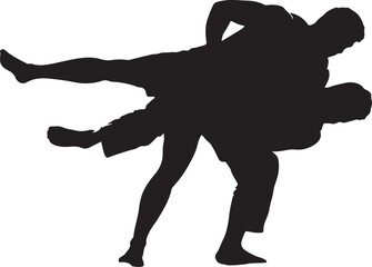 Silhouette illustration of two men practicing judo martial arts with dynamic action