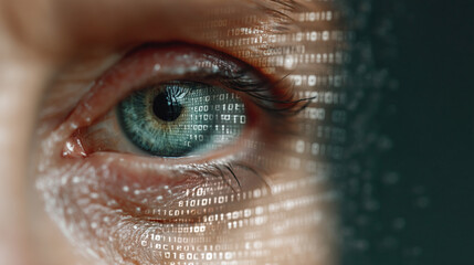 Human eye intricately intertwined with streams of glowing digital data, symbolizing future vision.