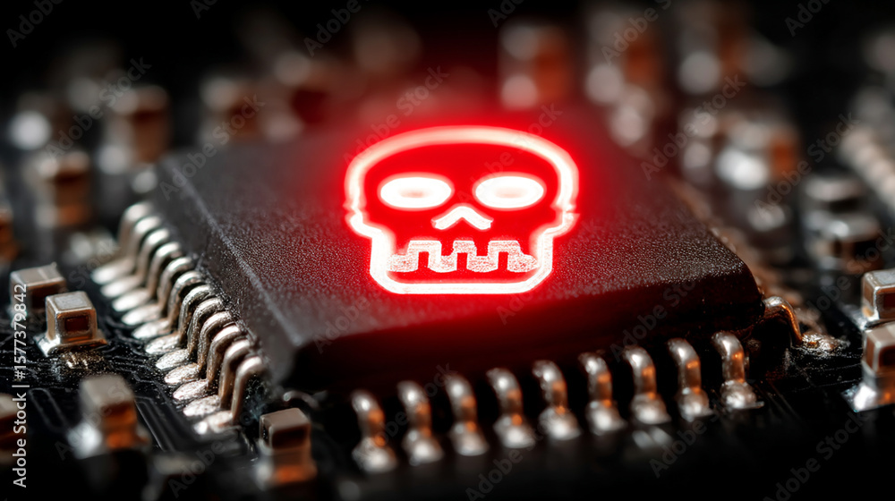 Poster a glowing red skull symbol on a microchip visually represents the pervasive threat of cyber attacks 