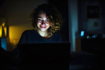 Smiling woman working remotely at night