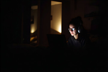 A young woman working late at night using a laptop and wearing headphones, illuminated by the screen glow in a dark room. Ideal for themes of hybrid work, remote job, and quiet productivity.