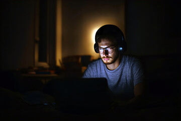 A focused man wearing headphones and glasses working late at night on his laptop, surrounded by a dimly lit room. remote work and deep concentration concept.
