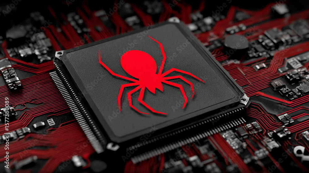 Poster a menacing red spider symbol adorns a powerful computer chip on a dark circuit board, symbolizing di