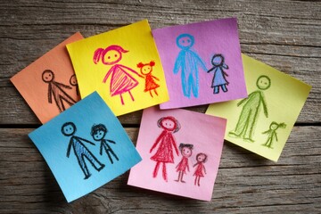 Colorful drawings of families on sticky notes symbolizing diversity and inclusion