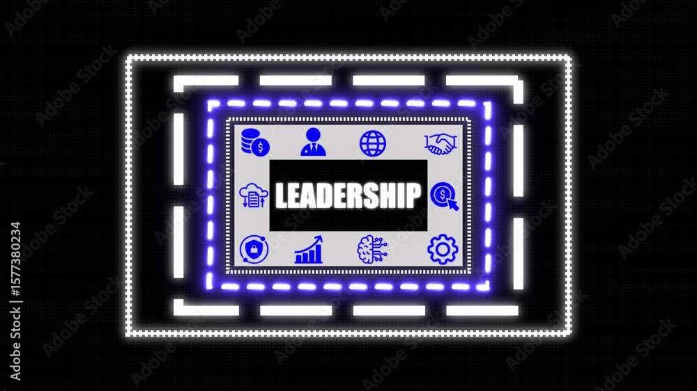 Poster a leadership button on a clear projection, network icon ,blue holographic advanced rectangle platfor
