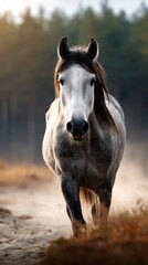 Majestic gray horse running on a dusty path surrounded by trees at sunset