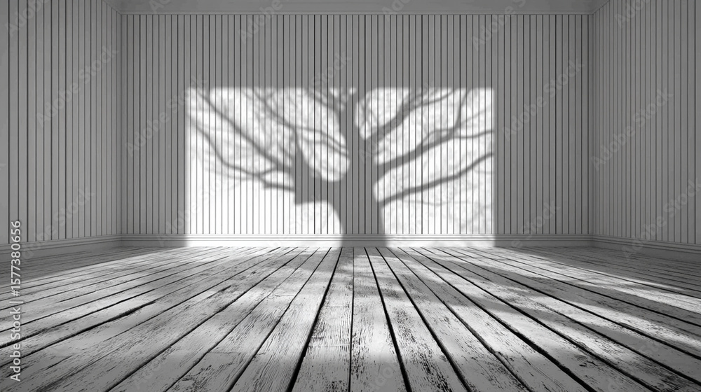 Poster sunlight streams into a quiet, empty room, casting the intricate shadow of a bare tree onto its pane