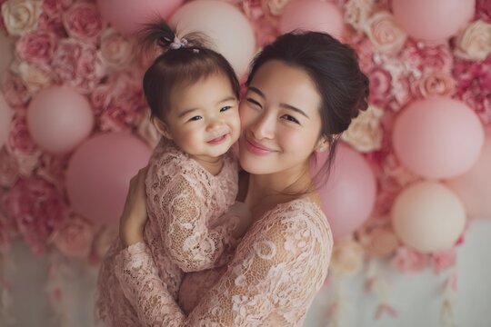Mother embracing her baby girl in a pink decorated room