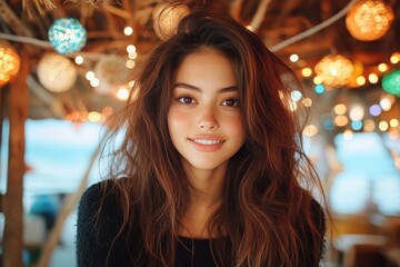 A young woman with stunning long hair smiles brightly, surrounded by colorful lights at a lively coastal venue. The warm atmosphere and sunset create a magical vibe